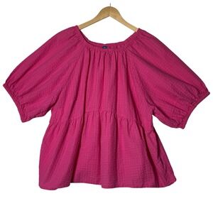 Womens Pink Babydoll‎ Peasant Blouse Puff Sleeve Textured Top Size 2X Old Navy